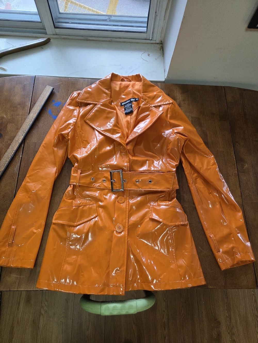 Vintage Wonder Girl Medium Orange Vinyl Rain Coat - Belted 